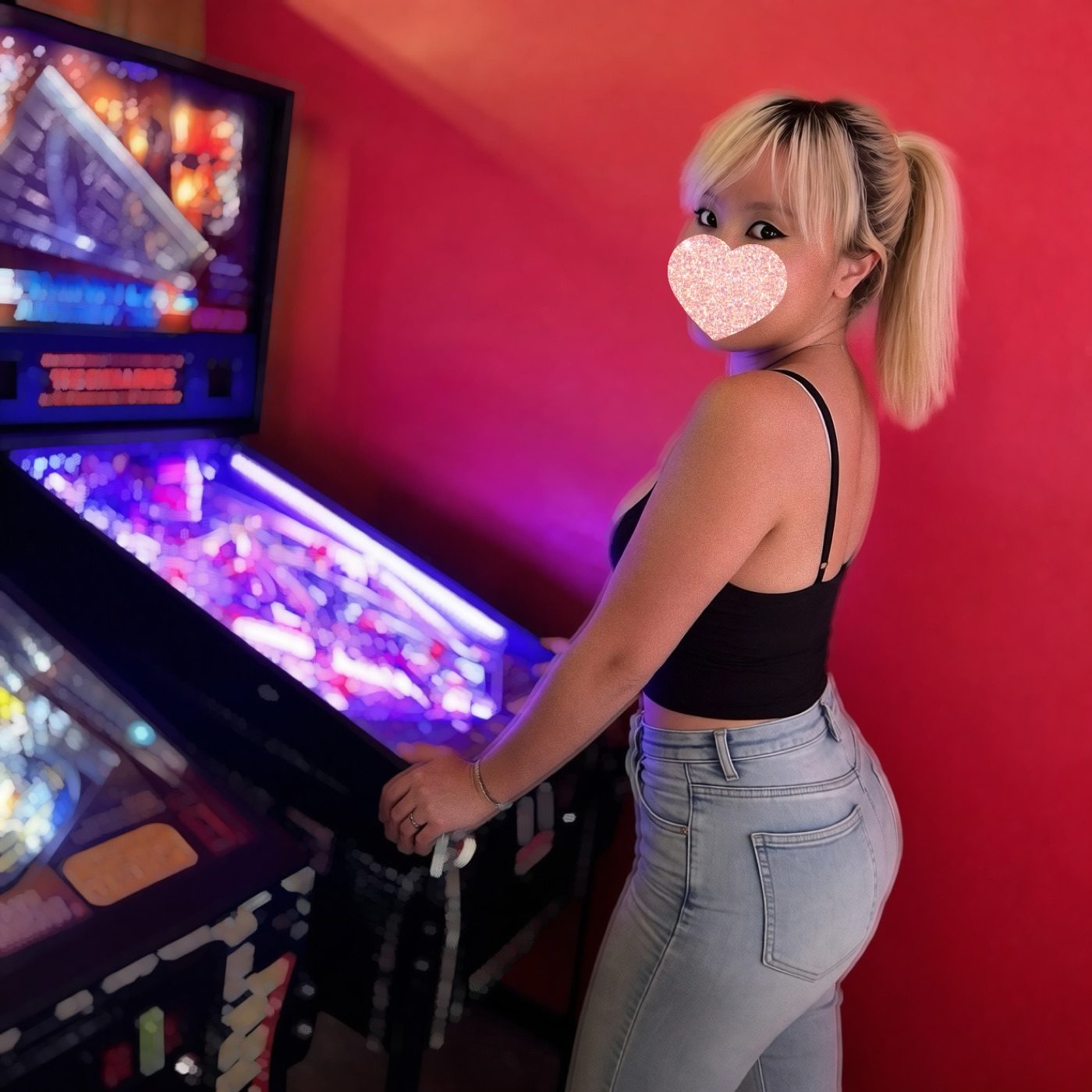 Goddess Peyton at a pinball machine